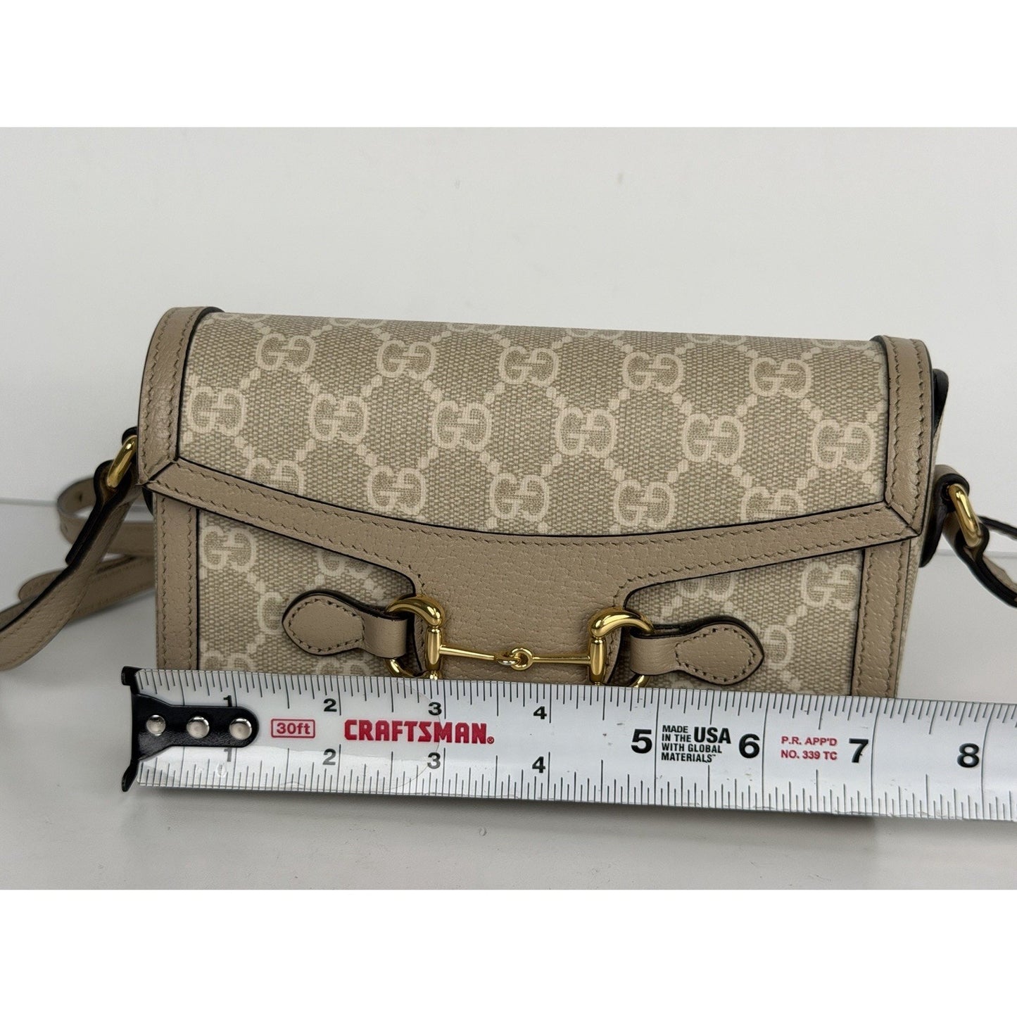 Gucci Horsebit 1955 Mini Bag in Beige and White GG Supreme Coated Canvas S