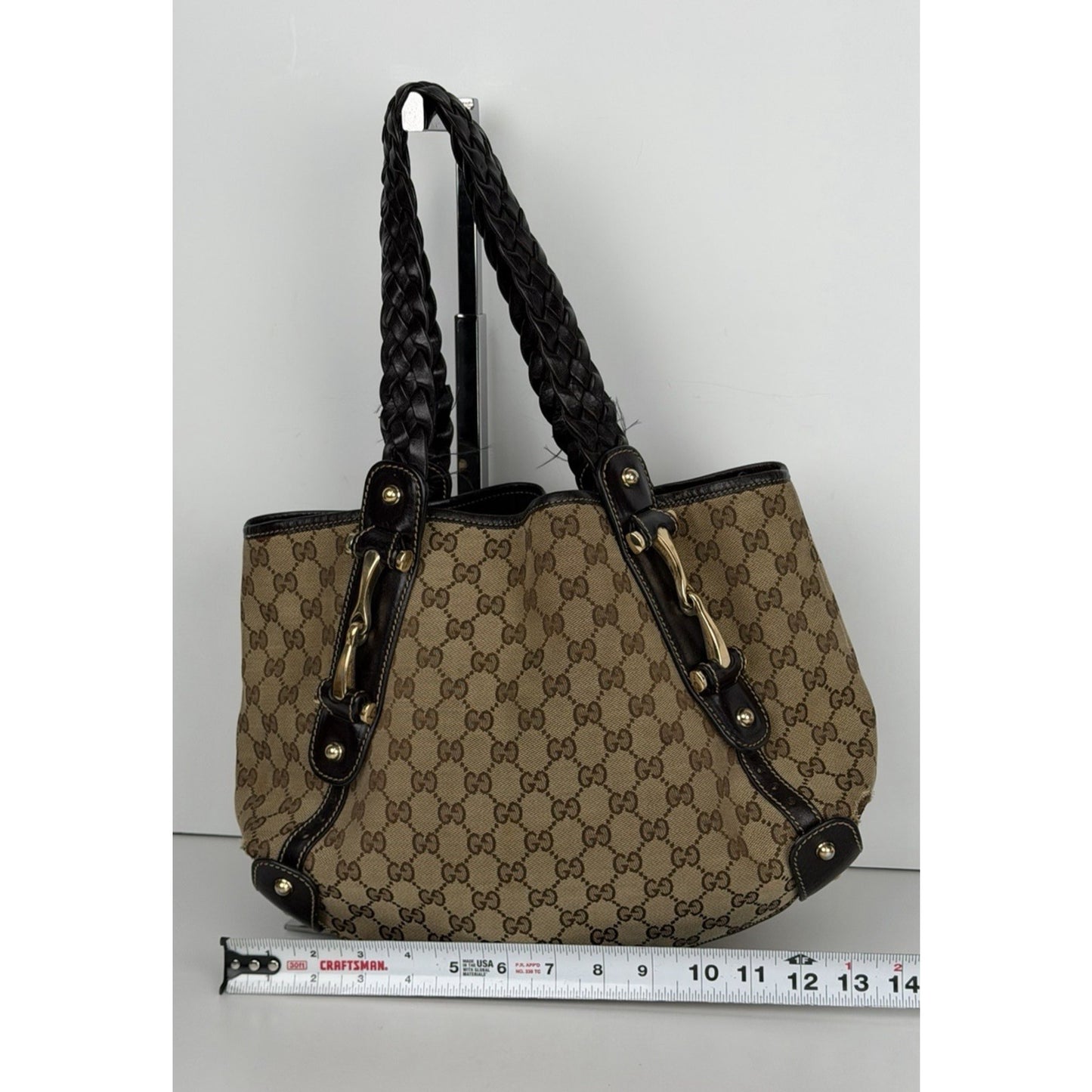 Gucci GG Pelham Shoulder Bag Canvas Braided Leather Handles & Gold Hardware S32