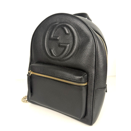 Gucci Soho Backpack in Black Leather With Gold Chain Shoulder Straps S