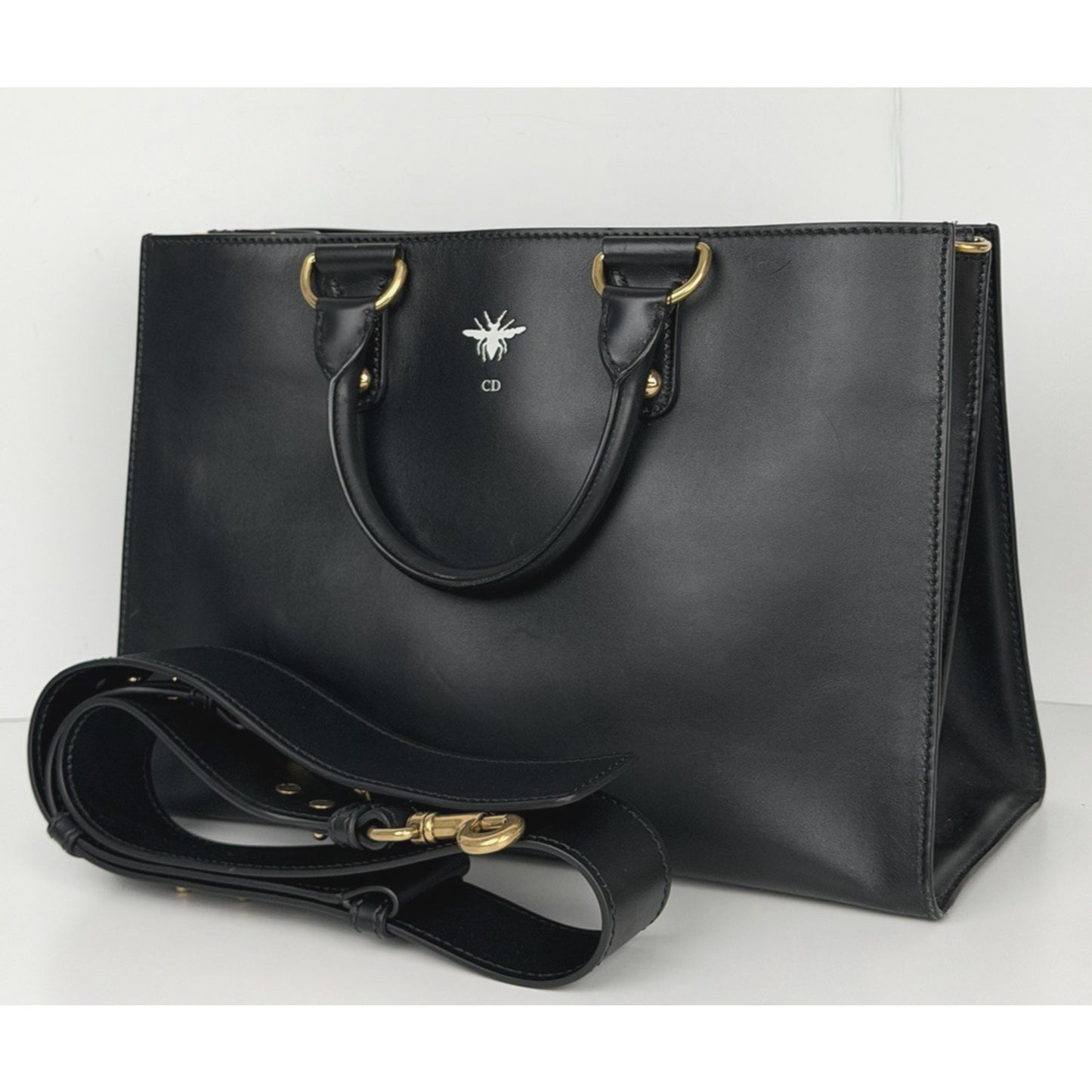 Christian Dior D-Bee Tote Bag in Black Leather Bee Emblem 2017 S