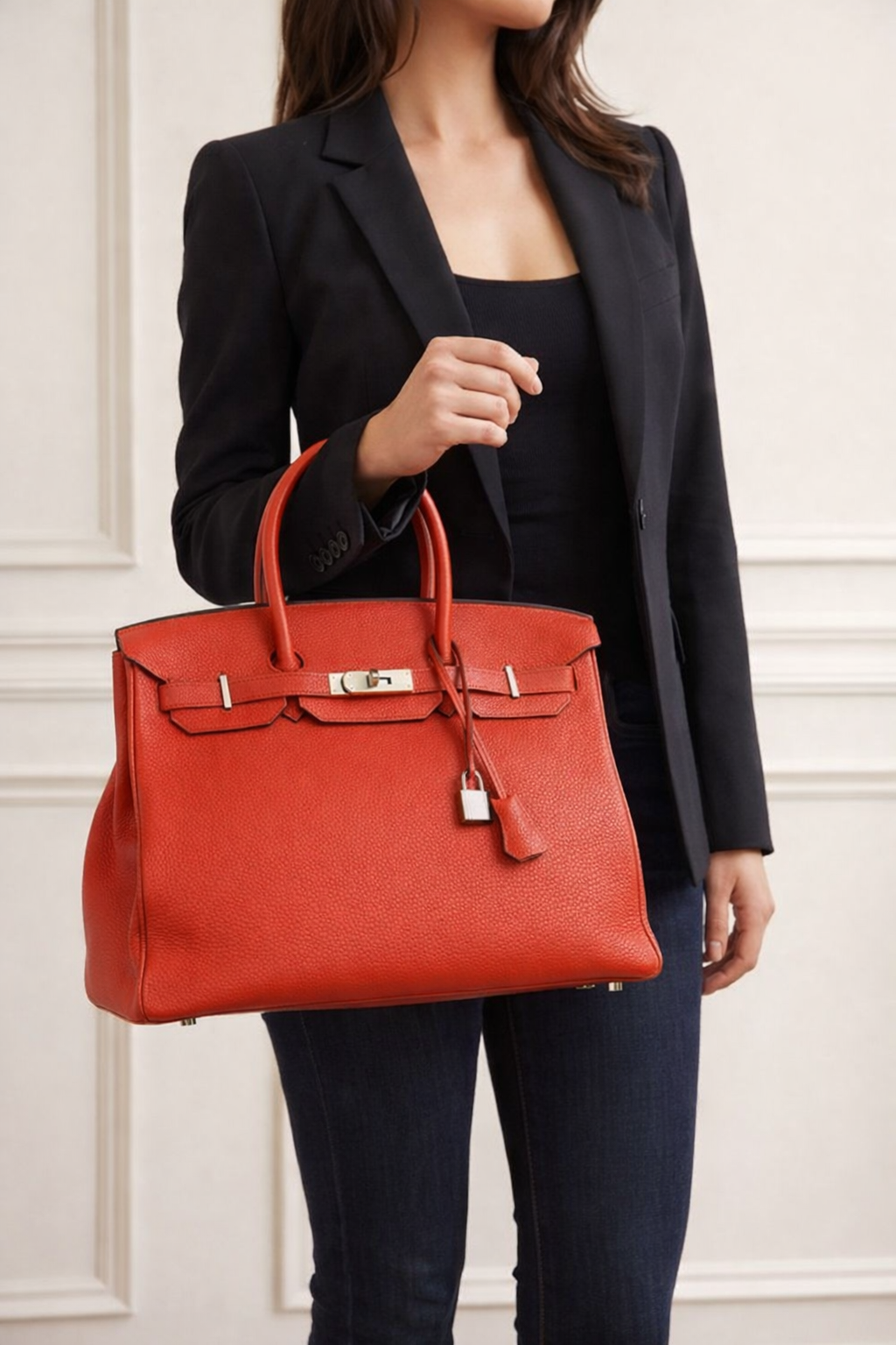 Hermes Birkin 35 Handbag in Red Clemence Leather with Palladium Hardware D-4