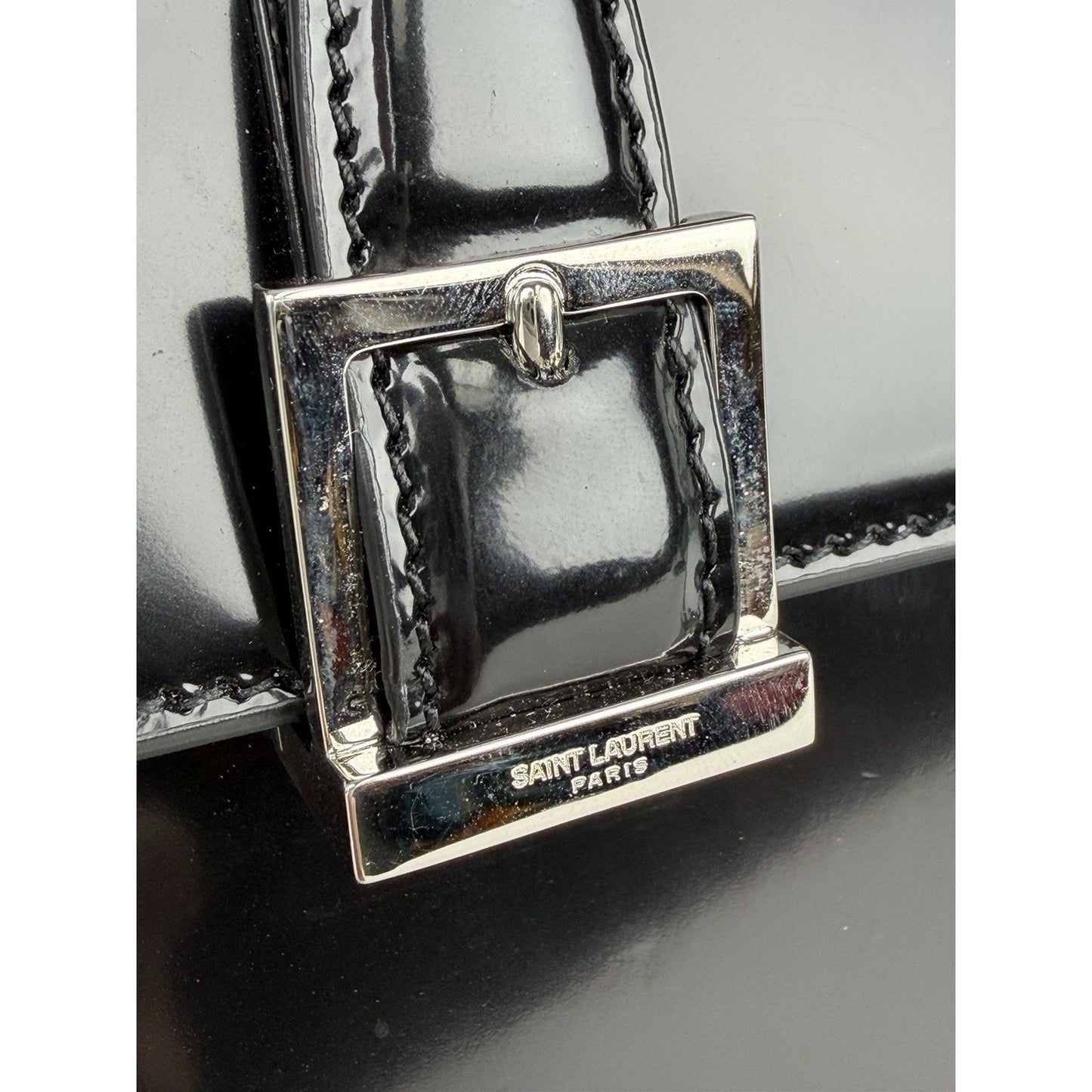Saint Laurent Le Fermoir Small Top-Handle Bag in Black Spazzolato Leather S-03