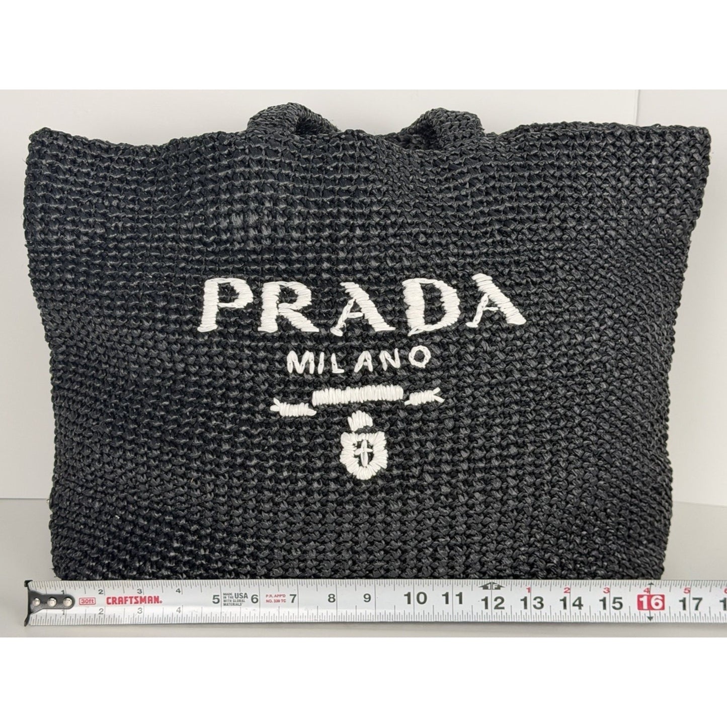 Prada Raffia Black Tote Bag with a White Embroidered Logo D3