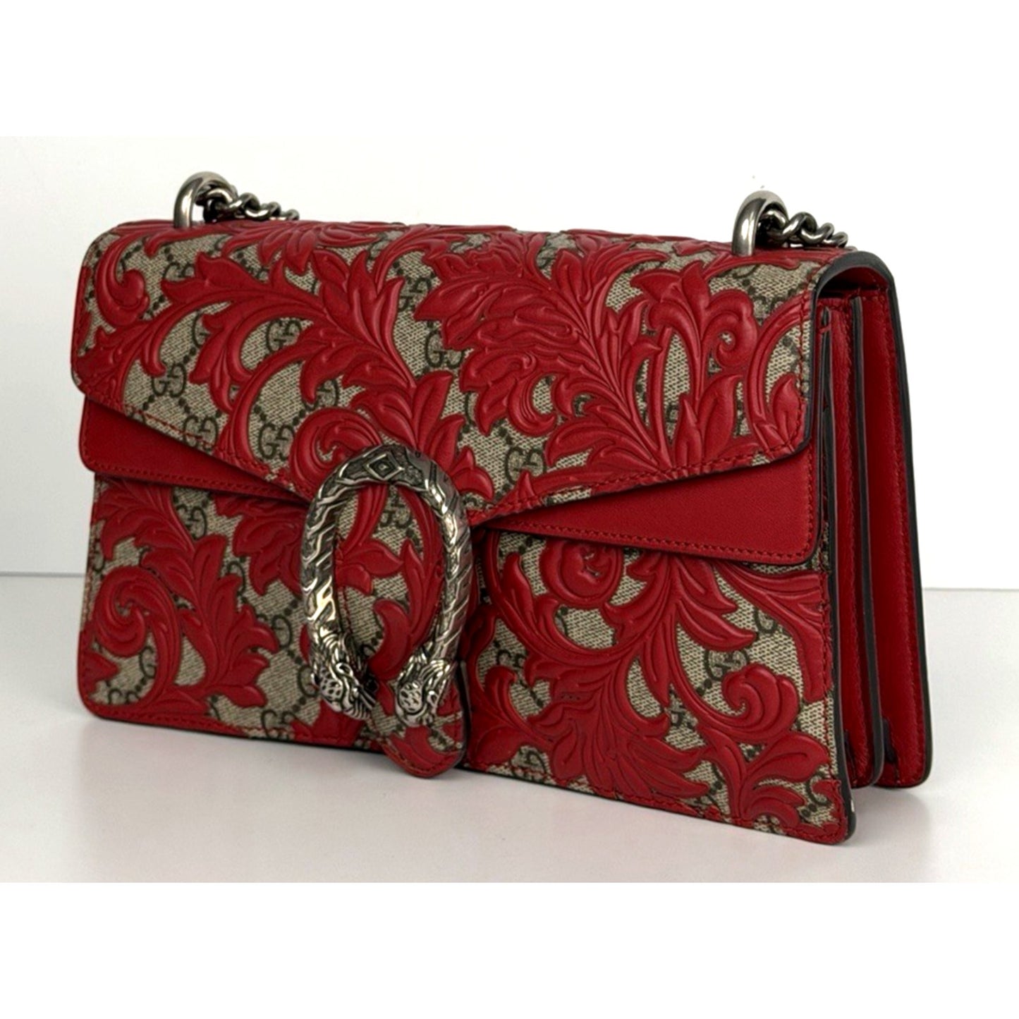 Gucci GG Supreme Arabesque Dionysus Shoulder Bag Small with Red Leather Trim S07