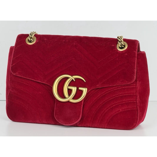 Gucci GG Marmont Medium Shoulder Bag in Red Velvet Gold HW S-08