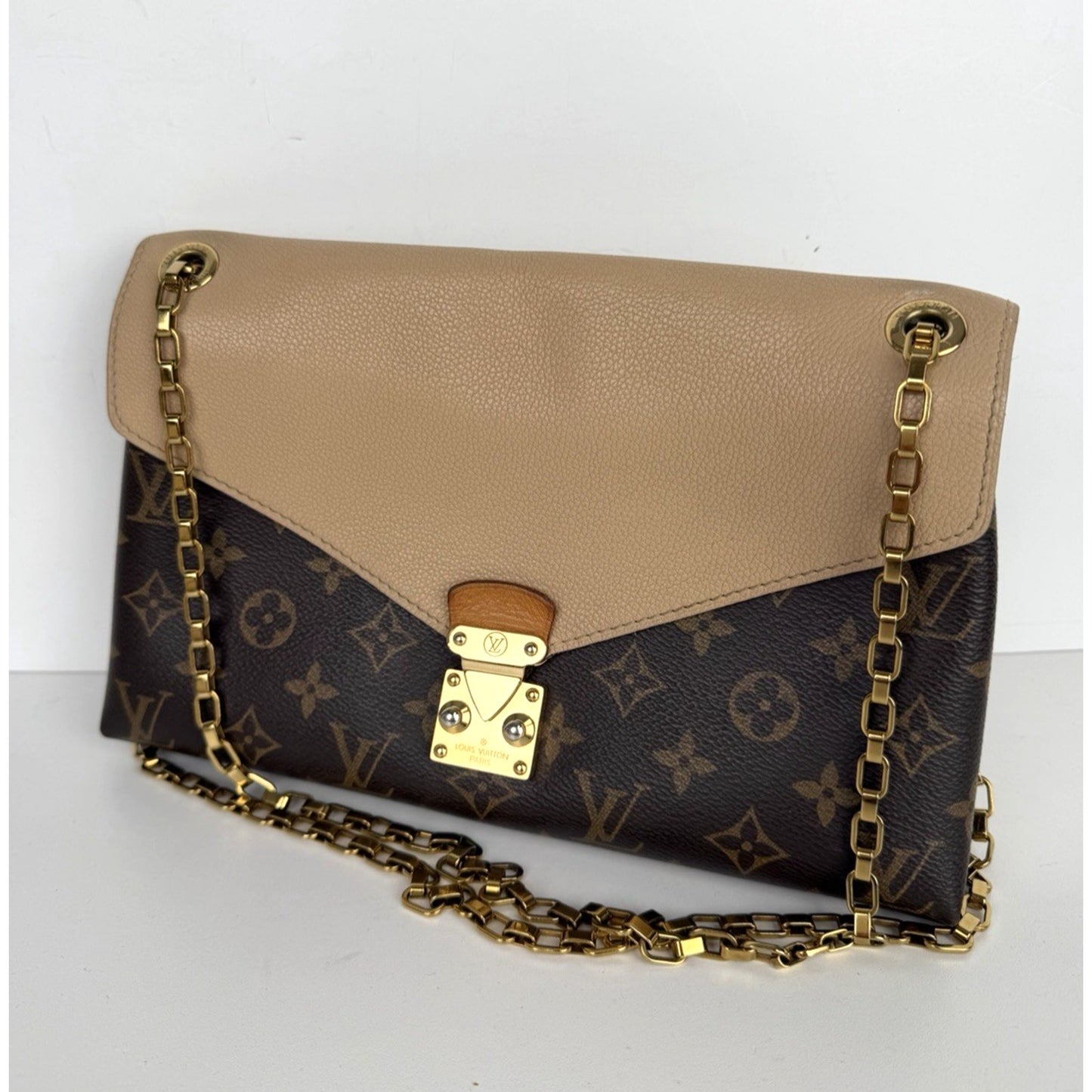 Louis Vuitton Pallas Chain Bag Beige Leather & Brown LV Monogram Canvas 2015 S05
