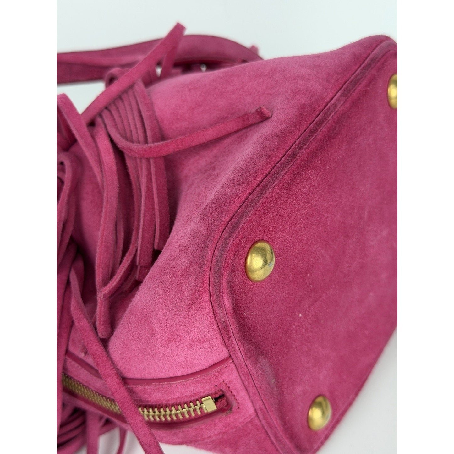 Saint Laurent Emmanuelle Fringe Bucket Bag in Pink Suede F2