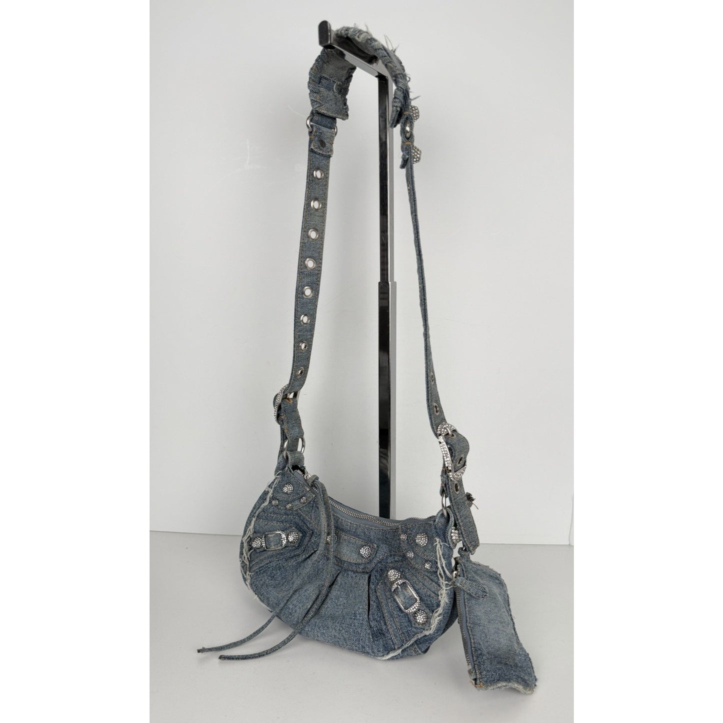 Balenciaga Le Cagole Bag XS in Blue Distressed Denim with Crystal Hardware S-01