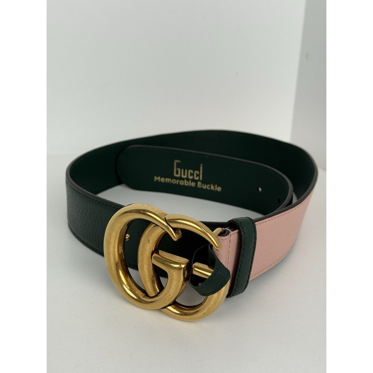 Gucci Double G Memorable Buckle Belt Pink and Green with Gold Hardware