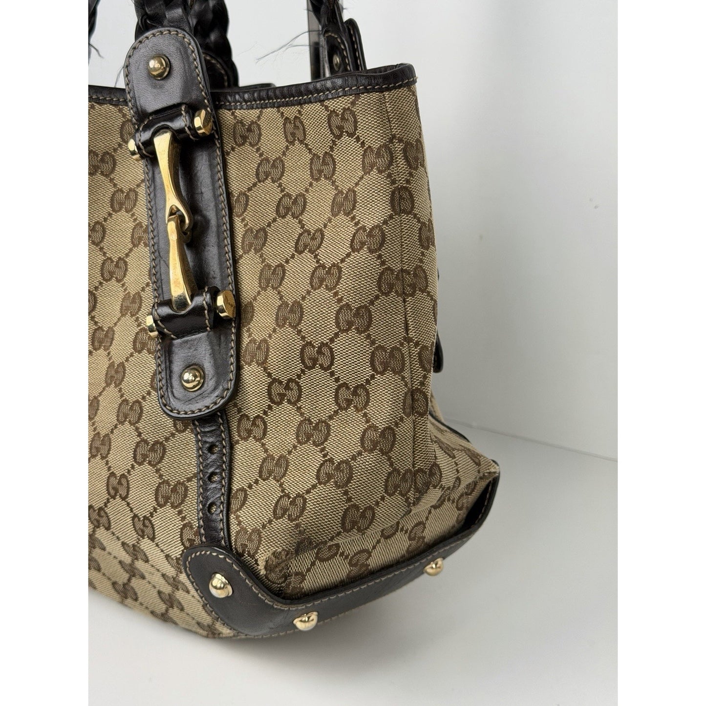 Gucci GG Pelham Shoulder Bag Canvas Braided Leather Handles & Gold Hardware S32