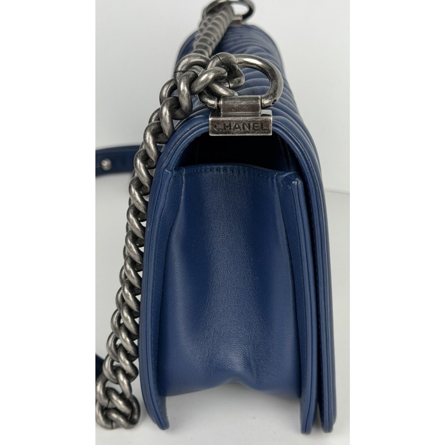 CHANEL Boy Flap Medium Shoulder Bag Lambskin Chevron Navy Blue 2014-2015 B4