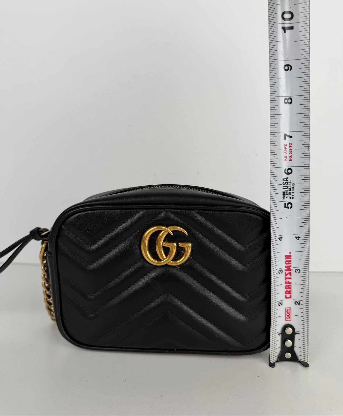 Gucci GG Marmont Mini Camera Bag in Black Chevron-Quilted Calfskin Leather S-17
