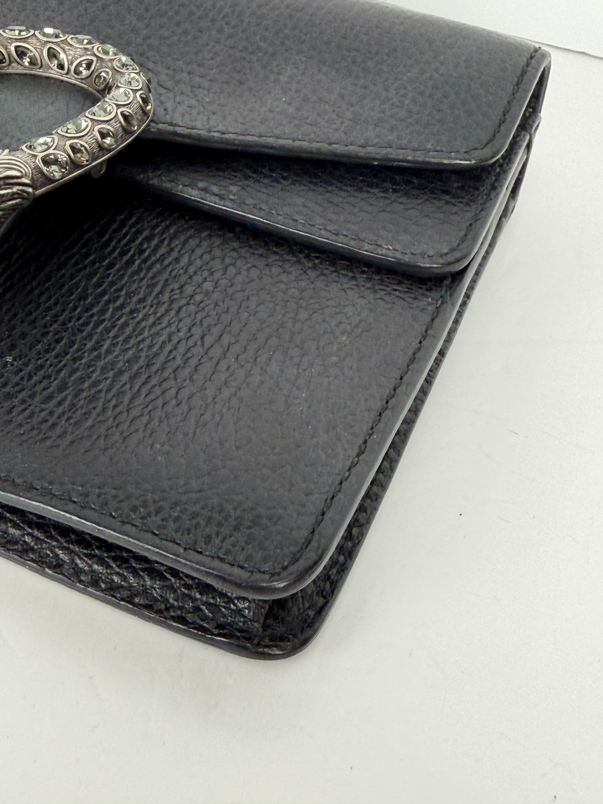 Gucci Dionysus Super Mini Bag in Black Leather with Crystal Buckle Detail YS23