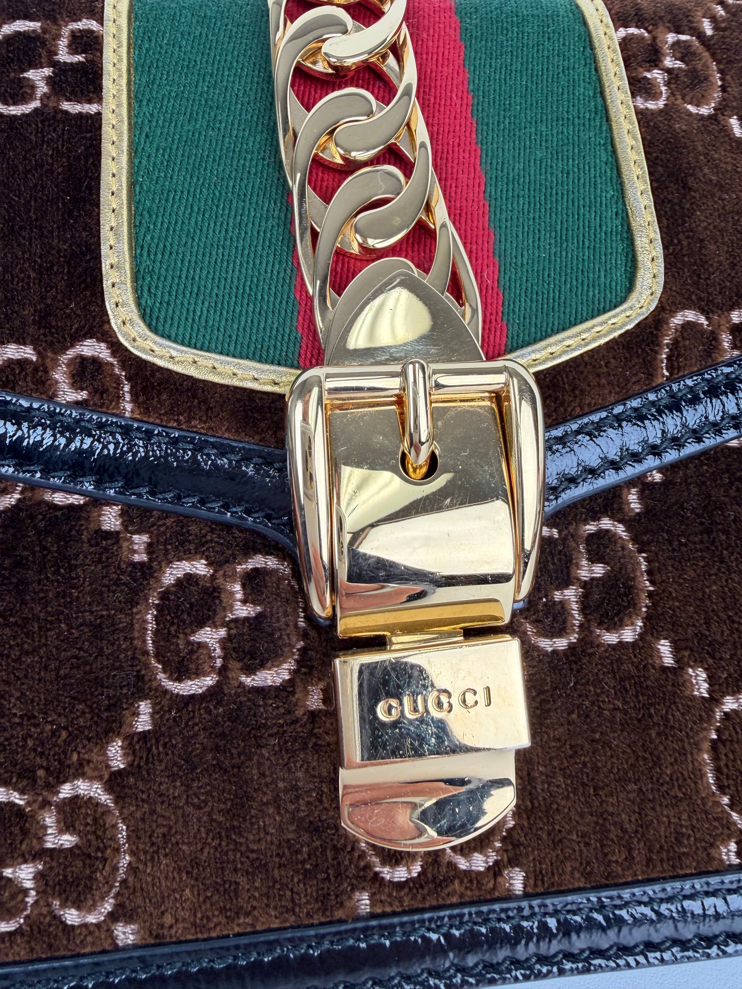 Gucci Sylvie Small Crossbody Bag in Brown GG Velvet with Web S-07