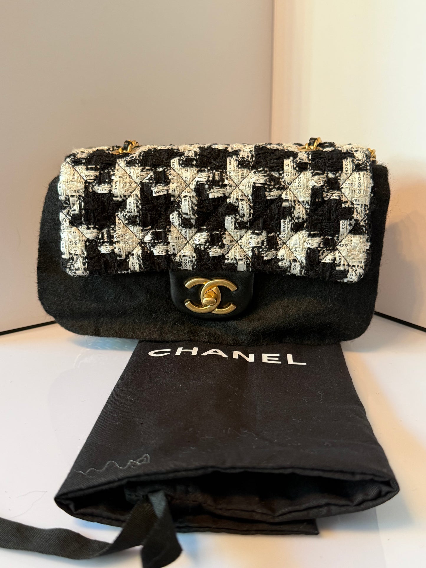 CHANEL Black/White Quilted Tweed River Of Pearls Mini Flap Bag