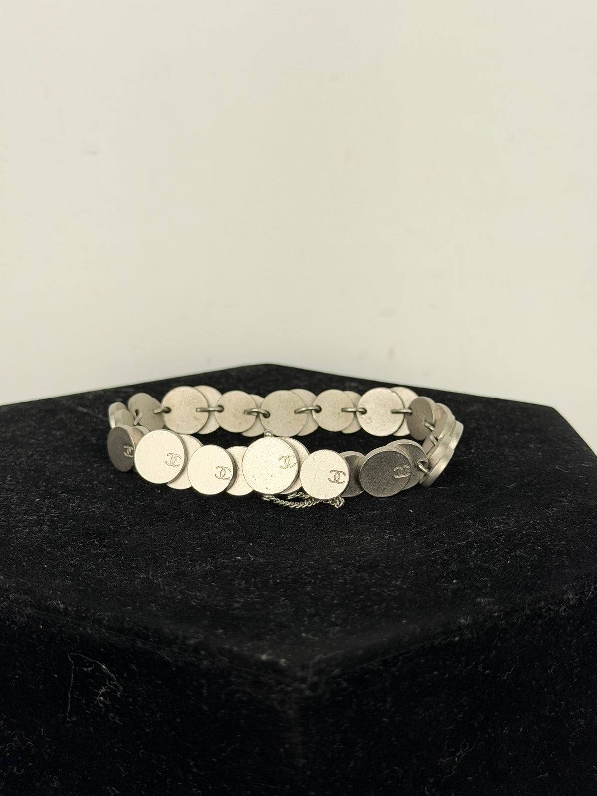 CHANEL Coco Mark Silver-Tone Coin Charm Bracelet Vintag 99C K1