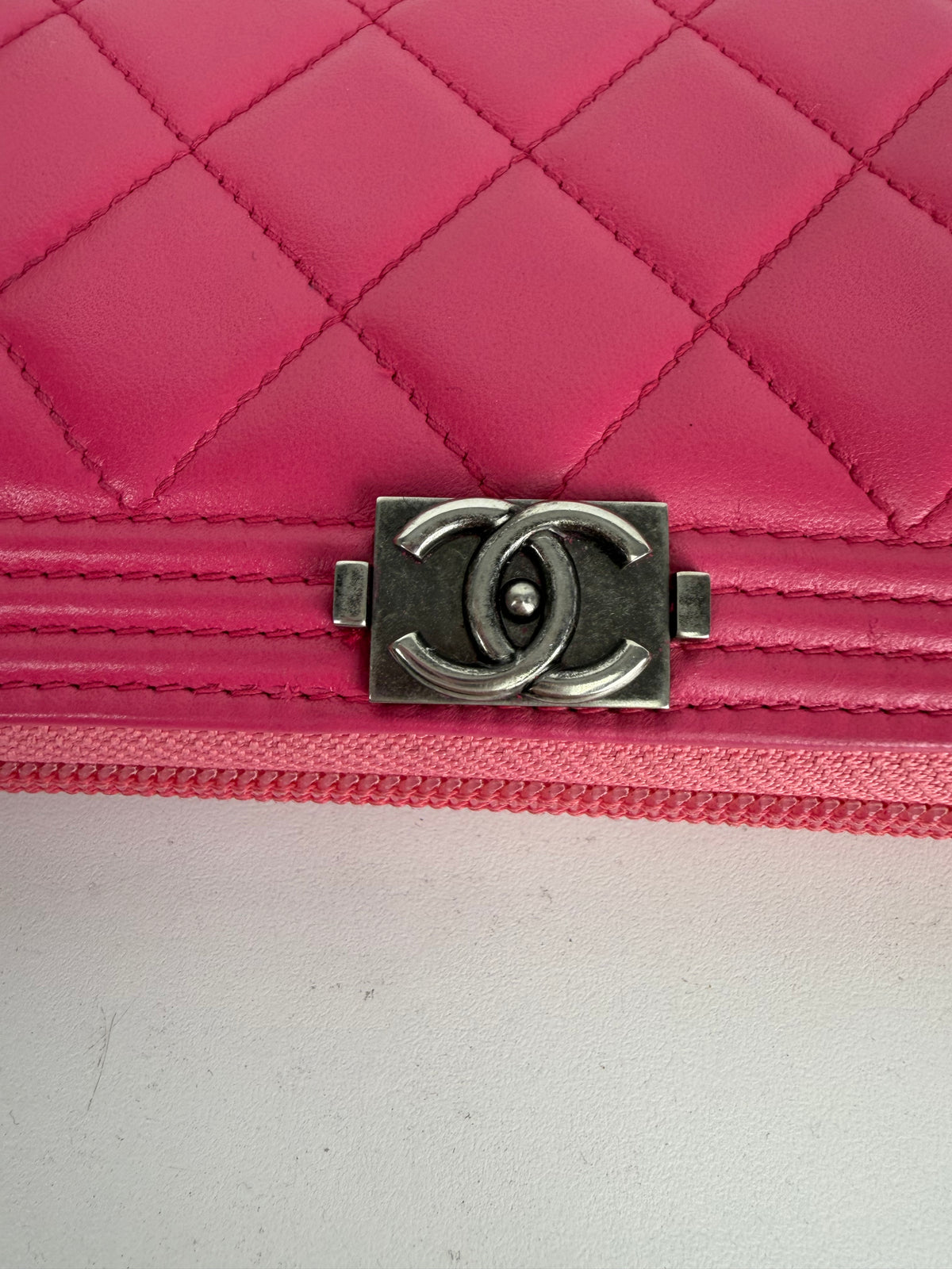 Chanel Boy Zip Around Wallet in Pink Quilted Lambskin Leather K3