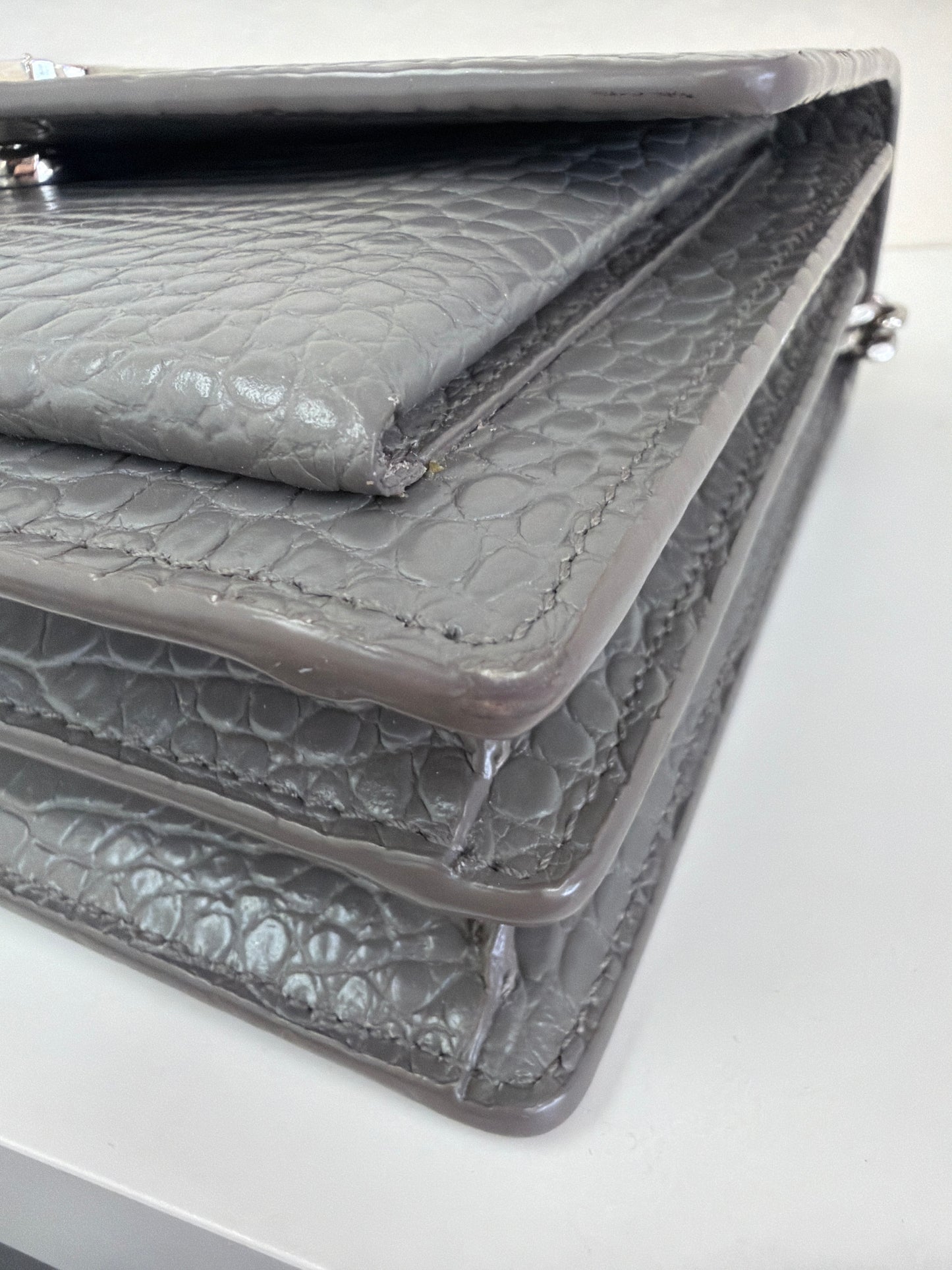 Saint Laurent Sunset Crocodile Embossed Leather Grey Medium Shoulder Bag