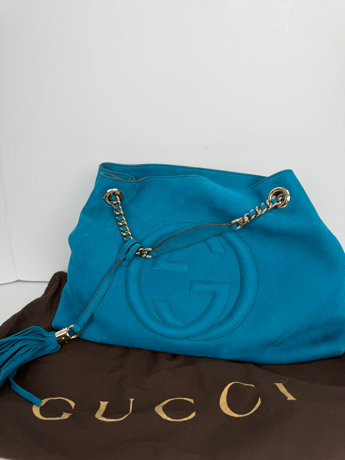 Gucci Soho Medium Chain Tote Shoulder Bag in Blue Leather YS23