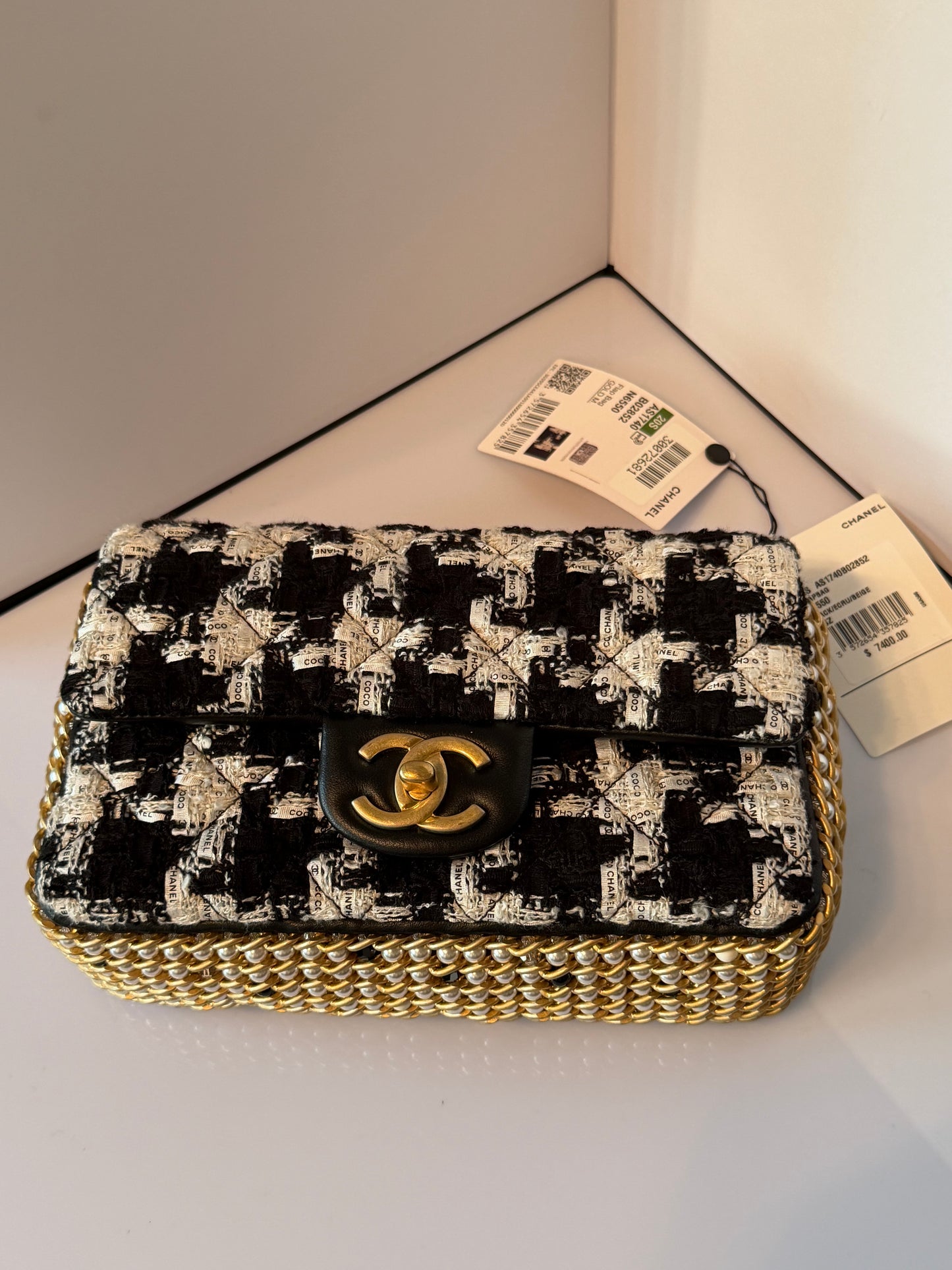 CHANEL Black/White Quilted Tweed River Of Pearls Mini Flap Bag