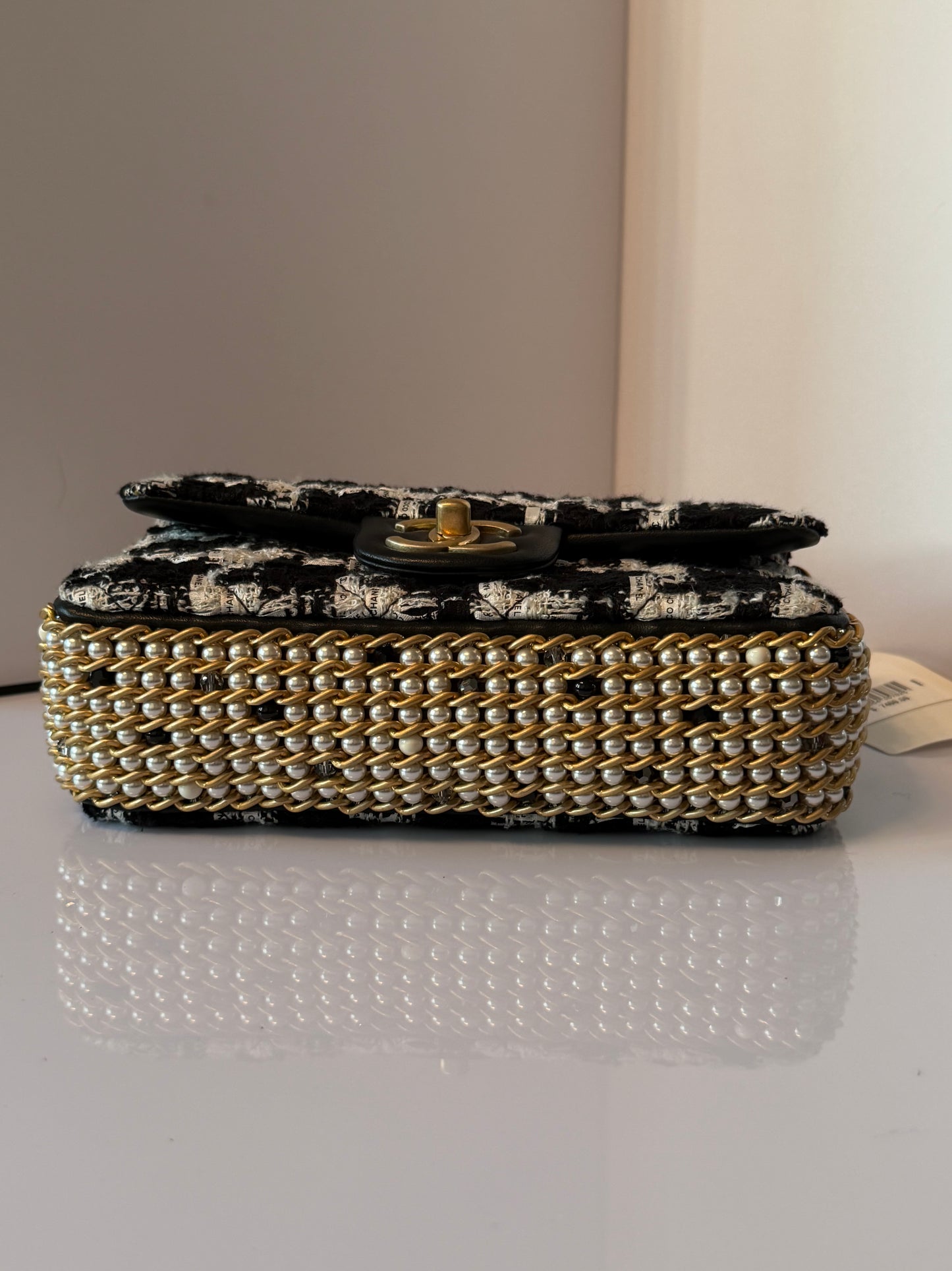 CHANEL Black/White Quilted Tweed River Of Pearls Mini Flap Bag