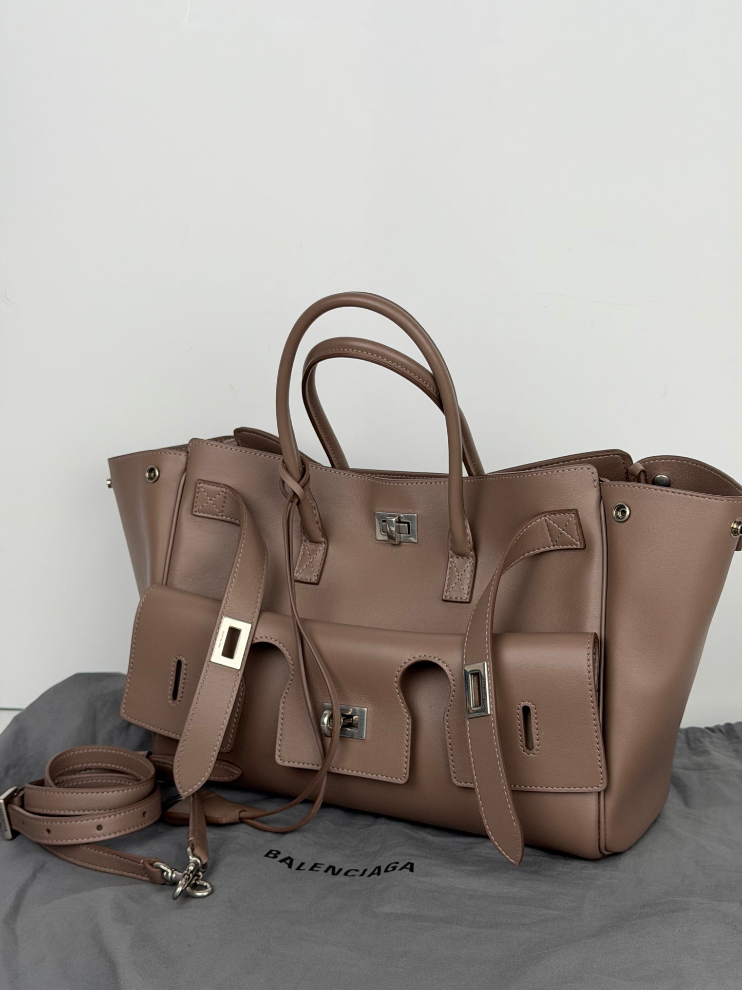 Balenciaga Smooth Calfskin Small Bel Air Carry All Bag in Dark Taupe B3