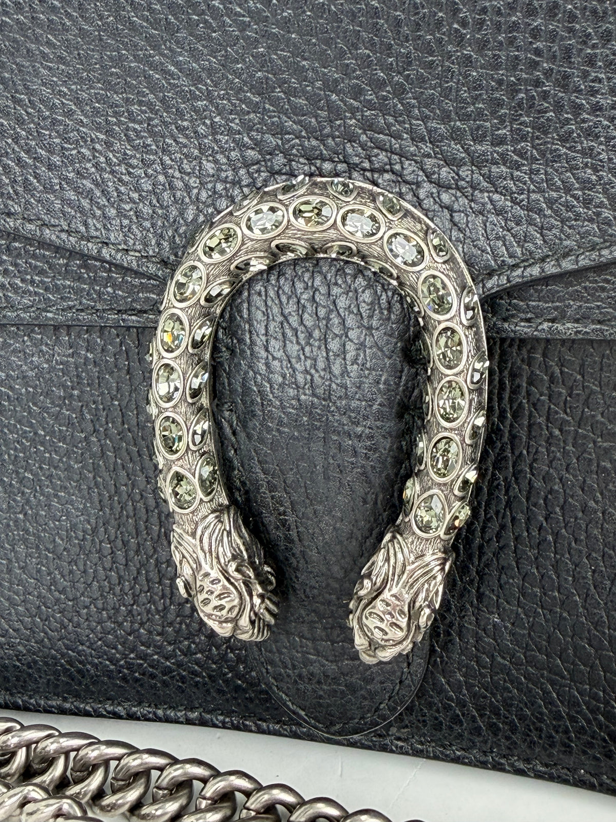 Gucci Dionysus Super Mini Bag in Black Leather with Crystal Buckle Detail YS23