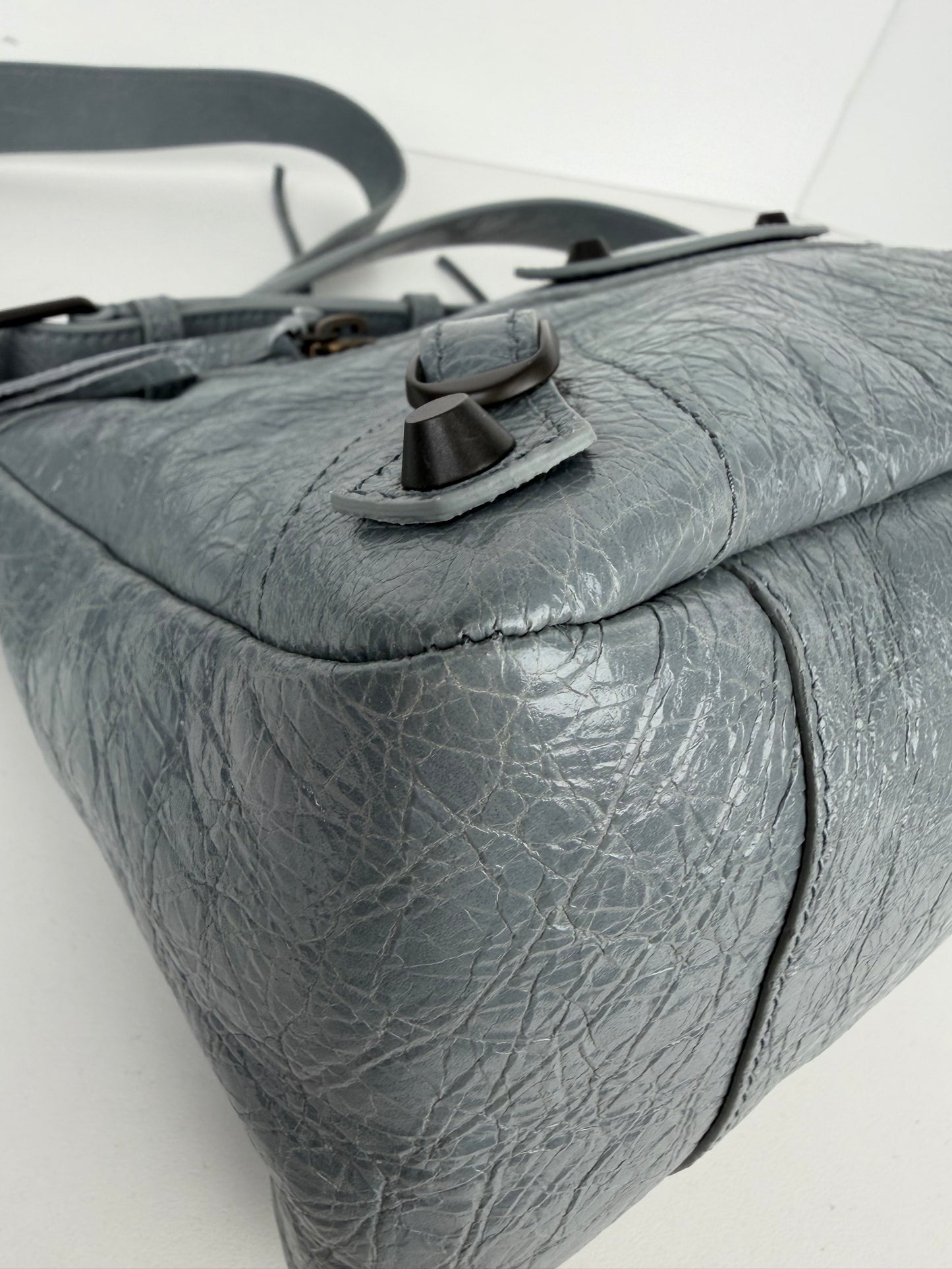Balenciaga Le City Moto Shoulder Bag Small in Blue-Gray Crinkled Leather YC-5