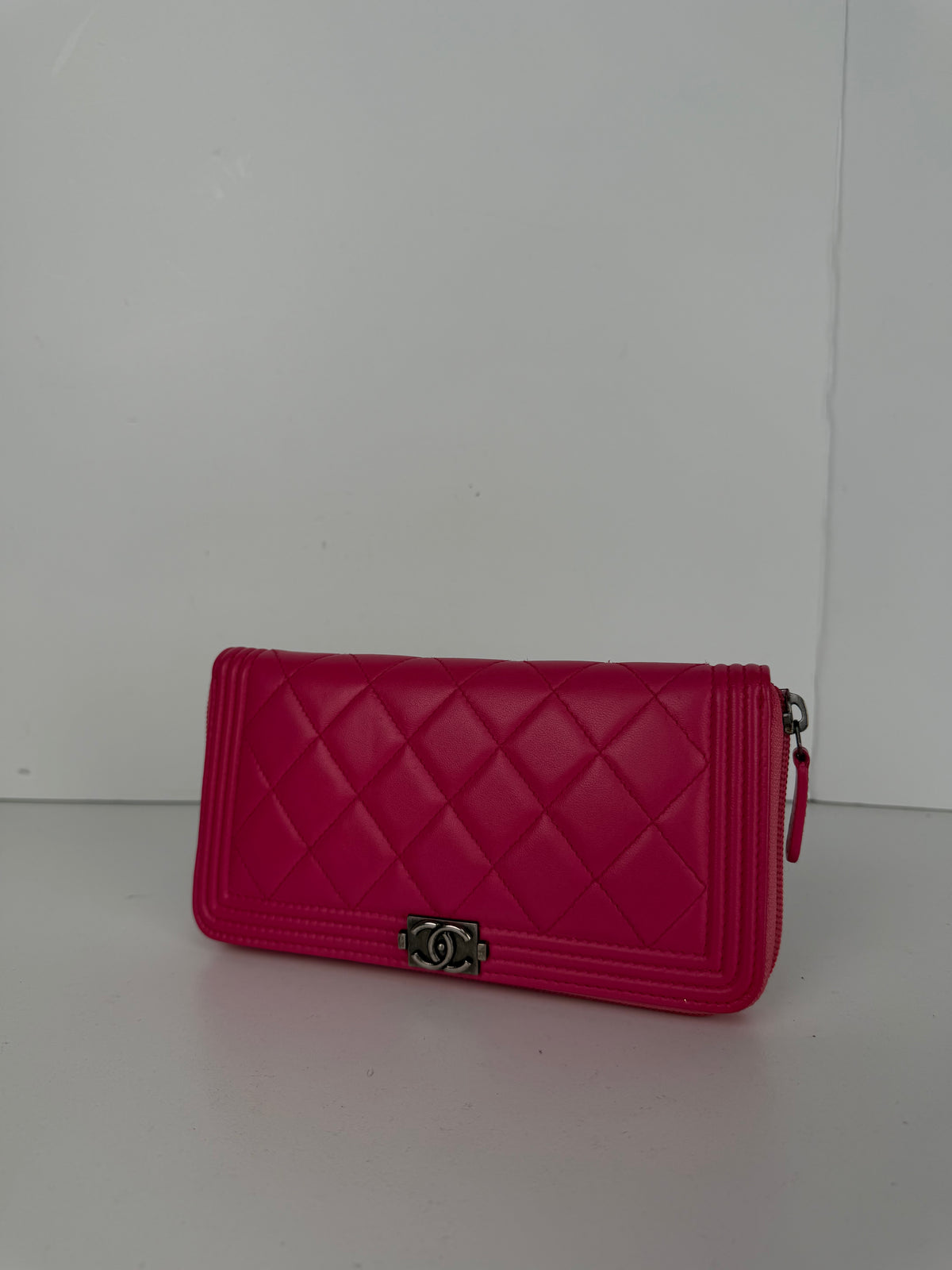 Chanel Boy Zip Around Wallet in Pink Quilted Lambskin Leather K3
