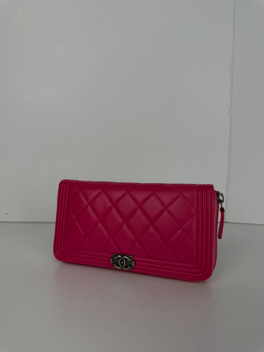 Chanel Boy Zip Around Wallet in Pink Quilted Lambskin Leather K3