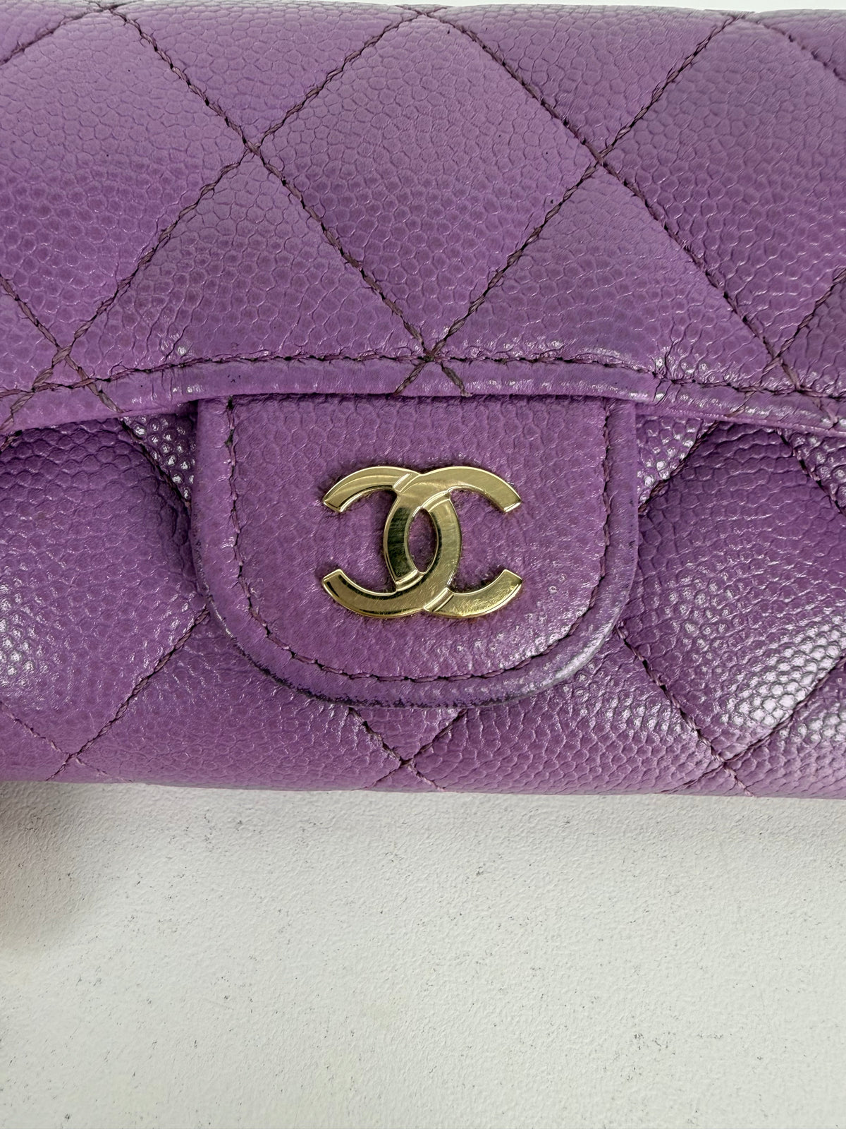 Chanel Quilted Caviar Flap Card Holder Wallet in Purple K-3