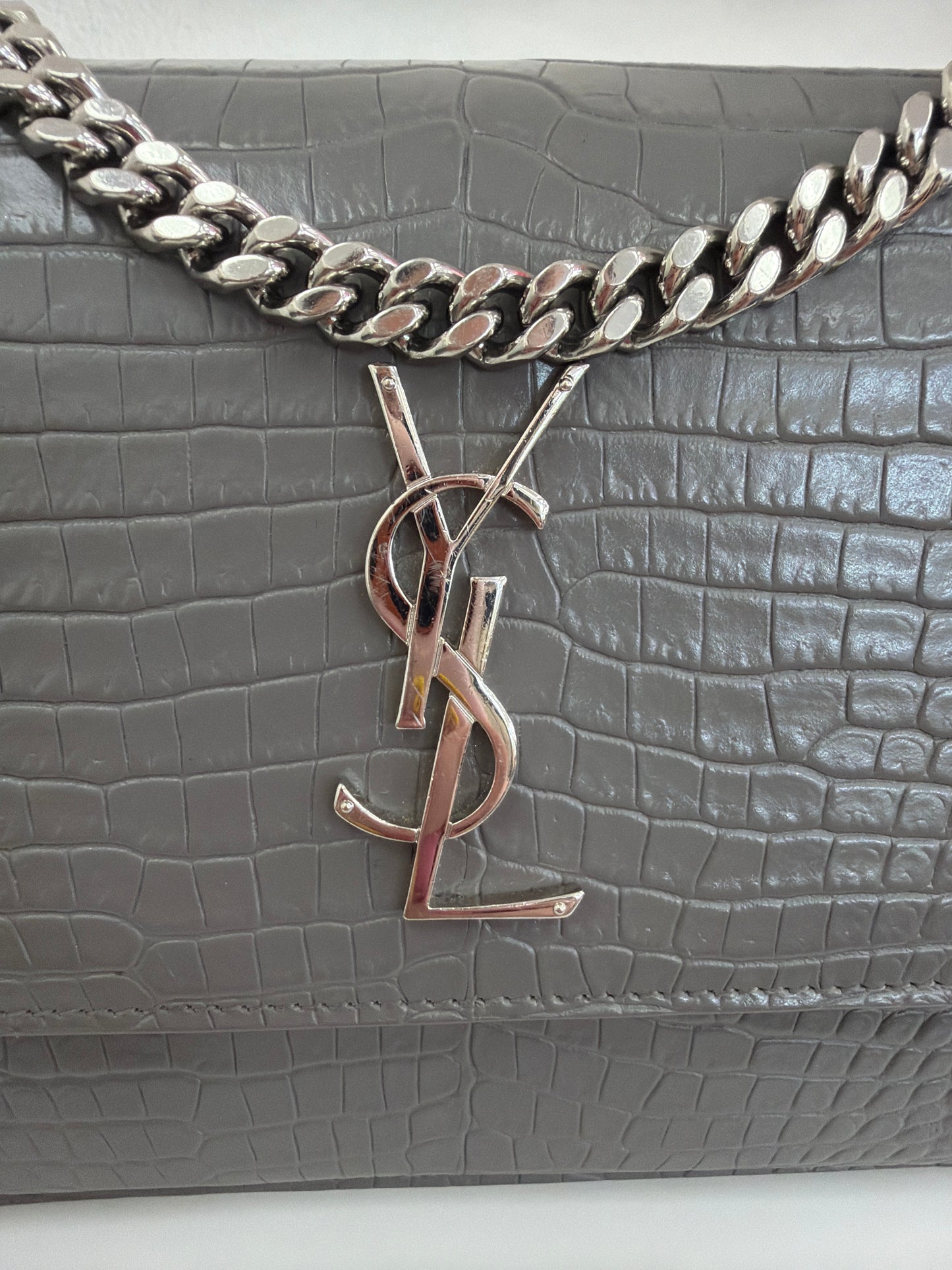Saint Laurent Sunset Crocodile Embossed Leather Grey Medium Shoulder Bag