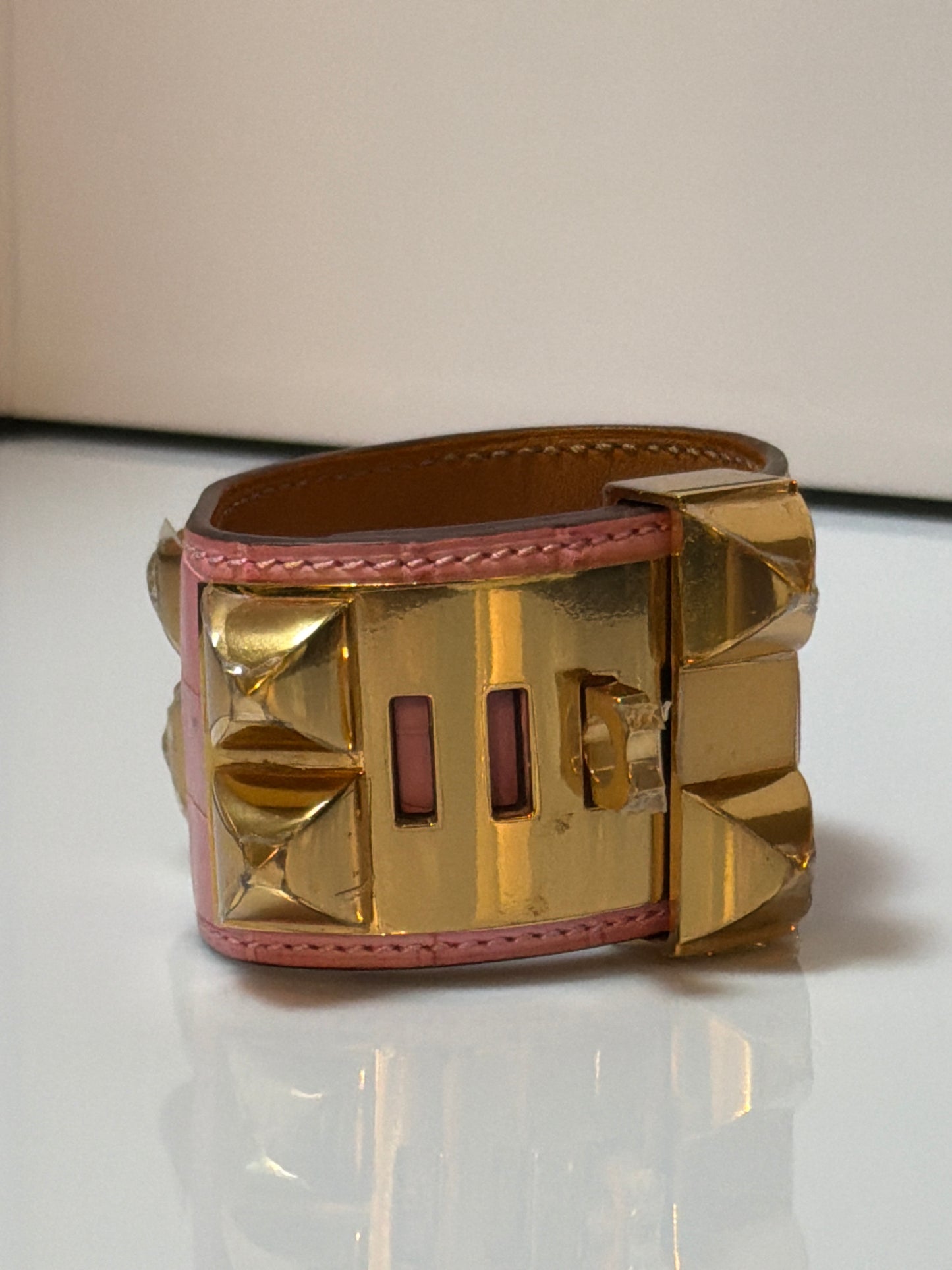 Hermes Alligator Collier De Chien Cuff Wrap Bracelet Pink