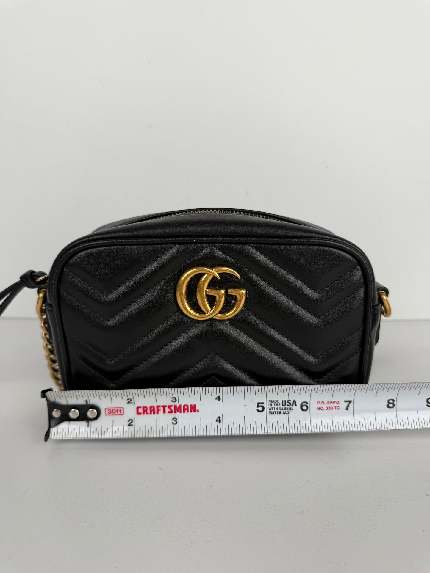 Gucci GG Marmont Mini Camera Bag in Black Chevron-Quilted Calfskin Leather S-17