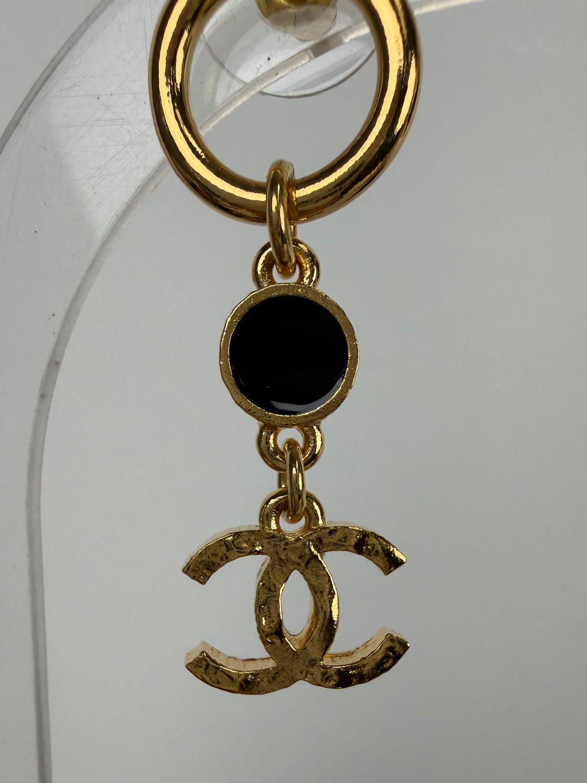 Chanel Metal Resin Disc CC Long Drop Earrings in Gold and Black K1
