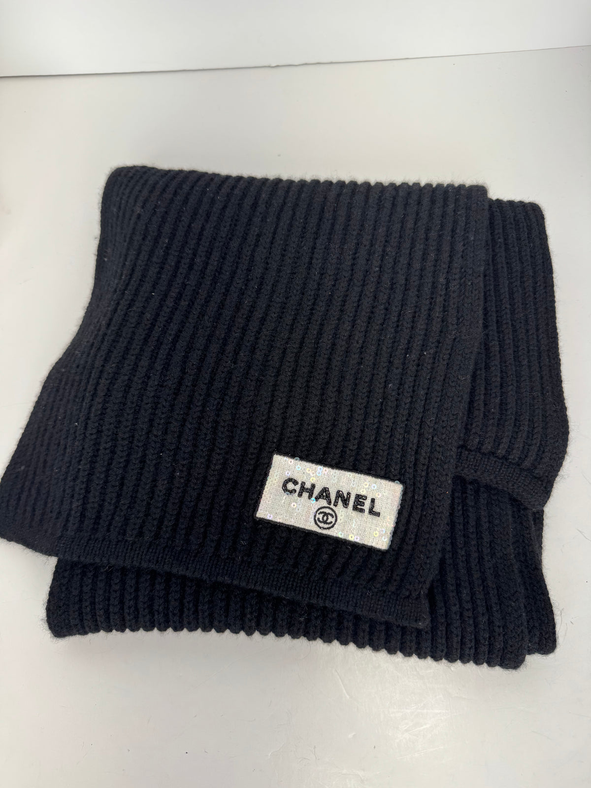 Chanel Knit Scarf in Black Cashmere with Sequin Logo Y