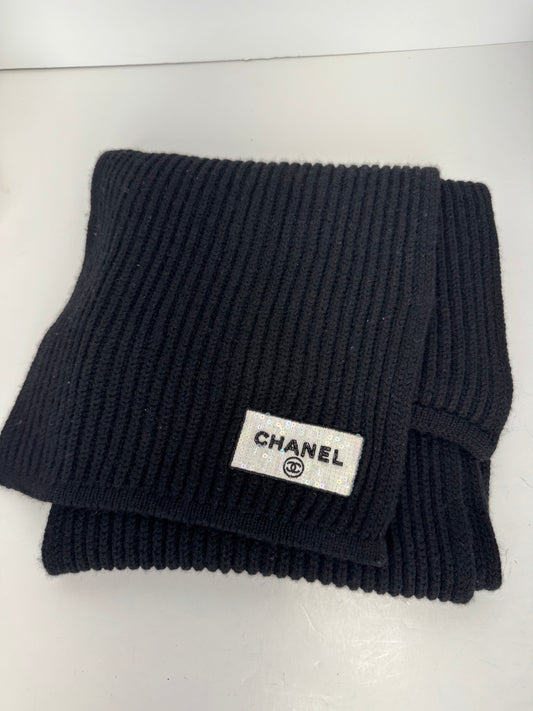 Chanel Knit Scarf in Black Cashmere with Sequin Logo Y