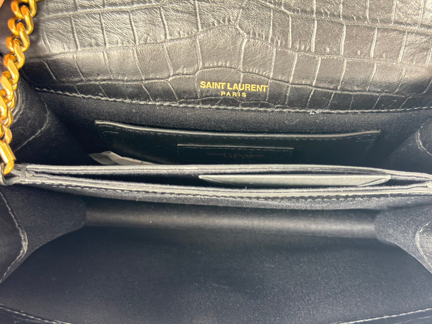 Saint Laurent Sunset Bag Small in Black Croc-Embossed Leather Gold Hardware YS-20