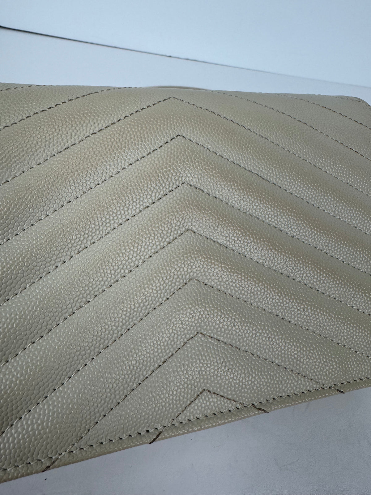Saint Laurent Classic Cassandre Chain Wallet in Crema Soft Grain de Poudre Leather