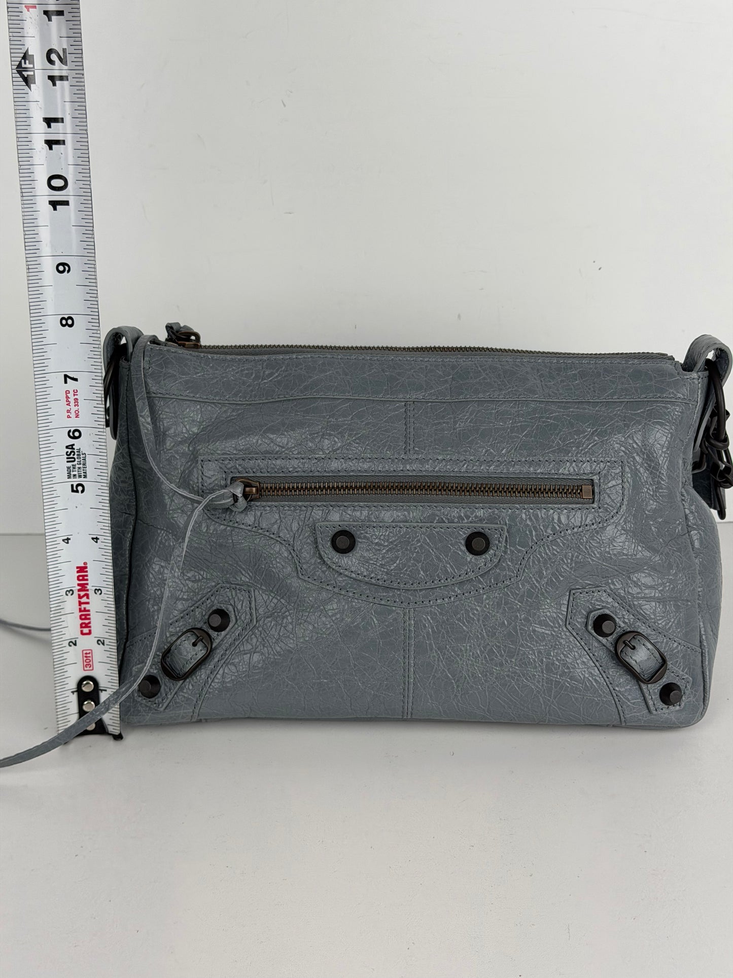 Balenciaga Le City Moto Shoulder Bag Small in Blue-Gray Crinkled Leather YC-5
