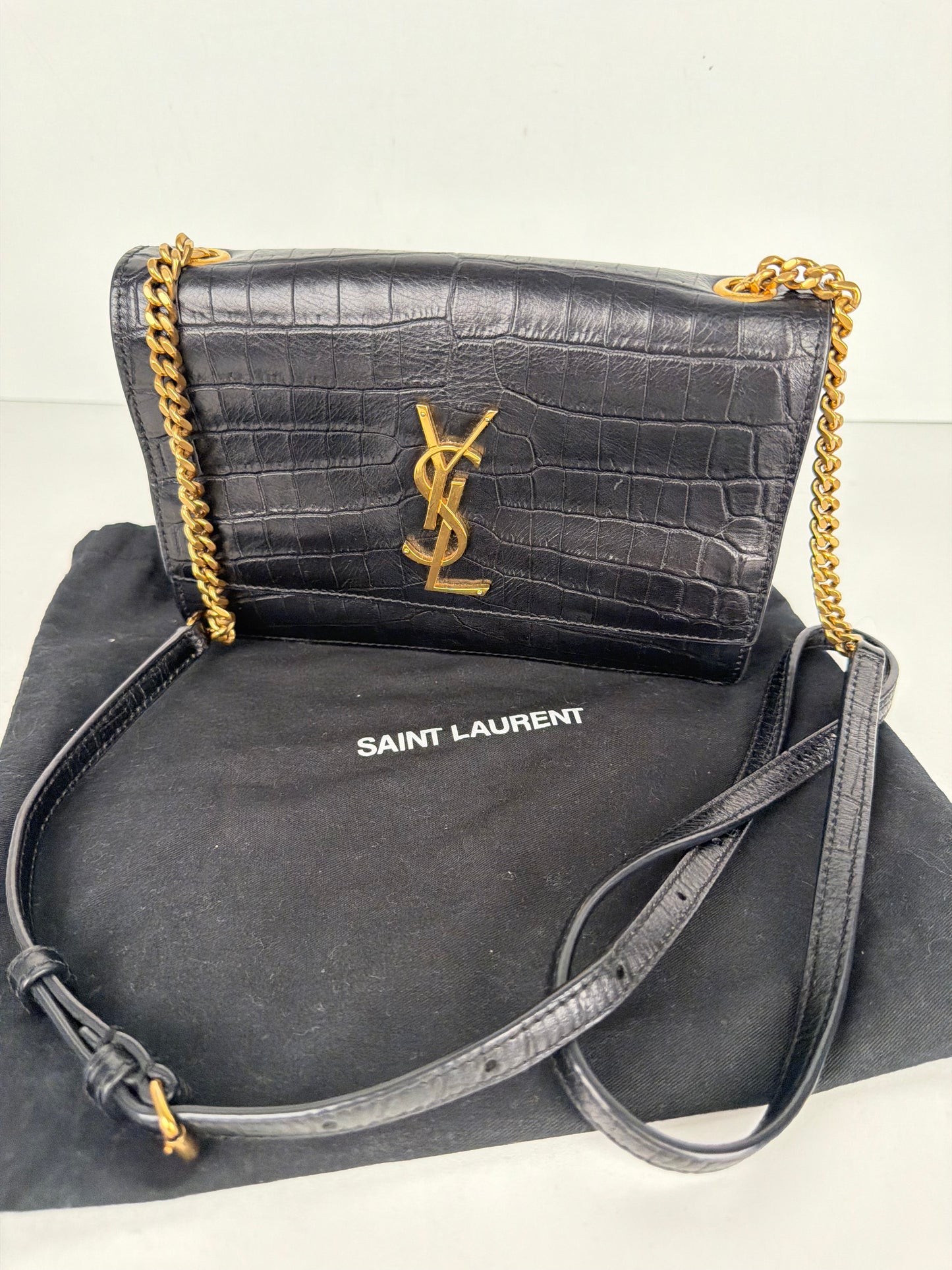Saint Laurent Sunset Bag Small in Black Croc-Embossed Leather Gold Hardware YS-20