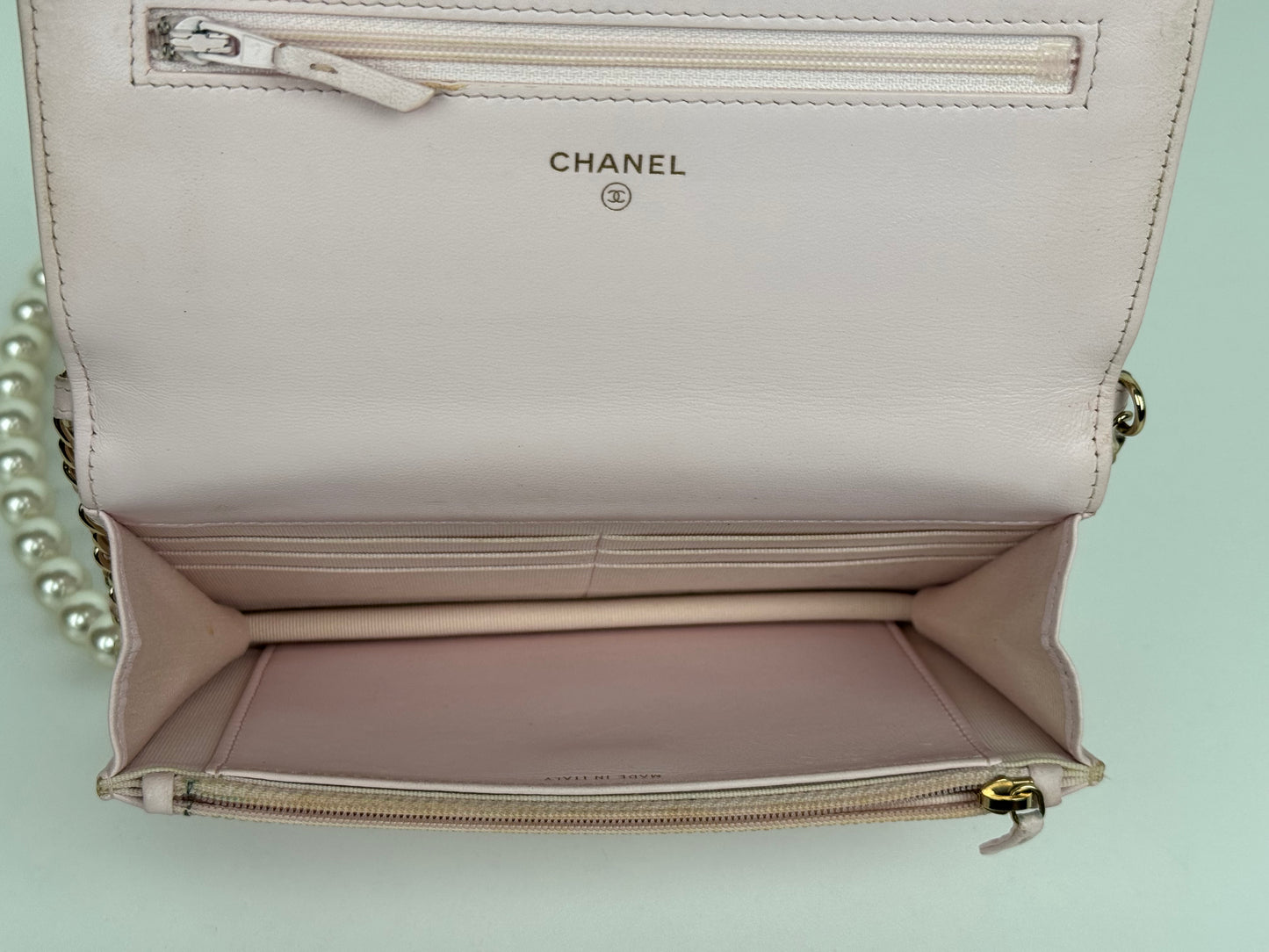 Chanel Pink Quilted Leather Pearl Wallet on Chain With Gold Hardware