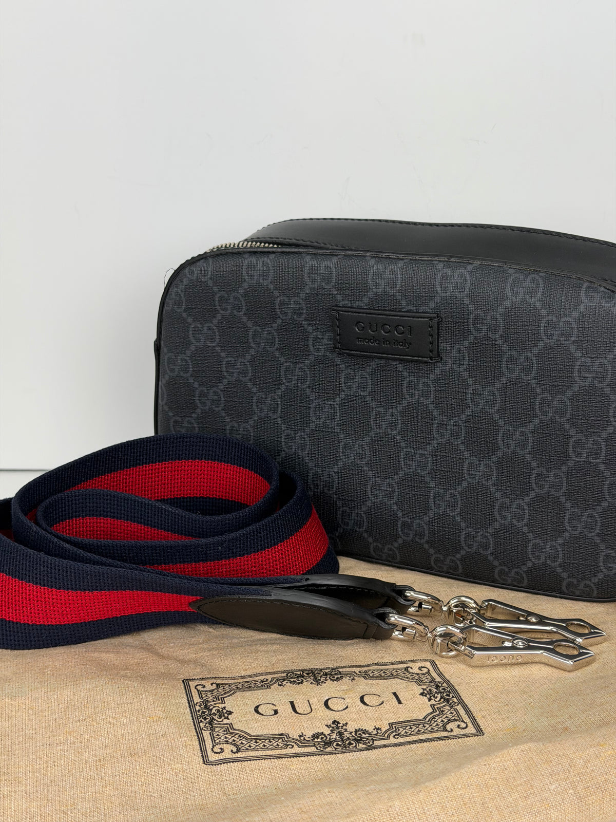 Gucci Web Camera Men's Shoulder Bag Small in Black GG Supreme Coated Canvas YS23