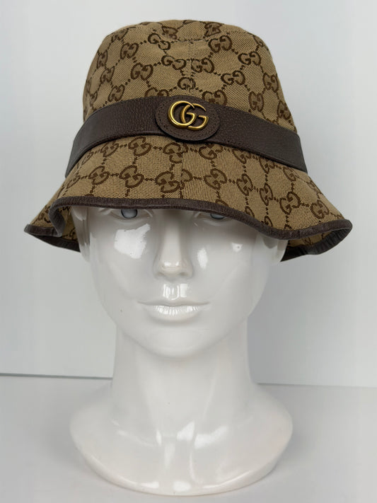 Gucci GG Canvas Bucket Hat with Leather Trim in Beige and Brown Monogram Y