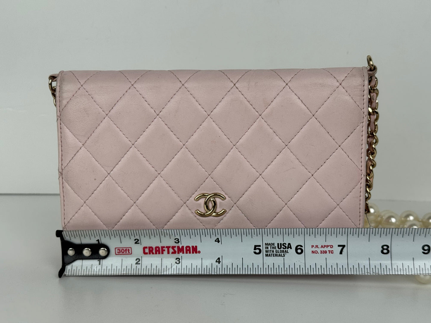 Chanel Pink Quilted Leather Pearl Wallet on Chain With Gold Hardware