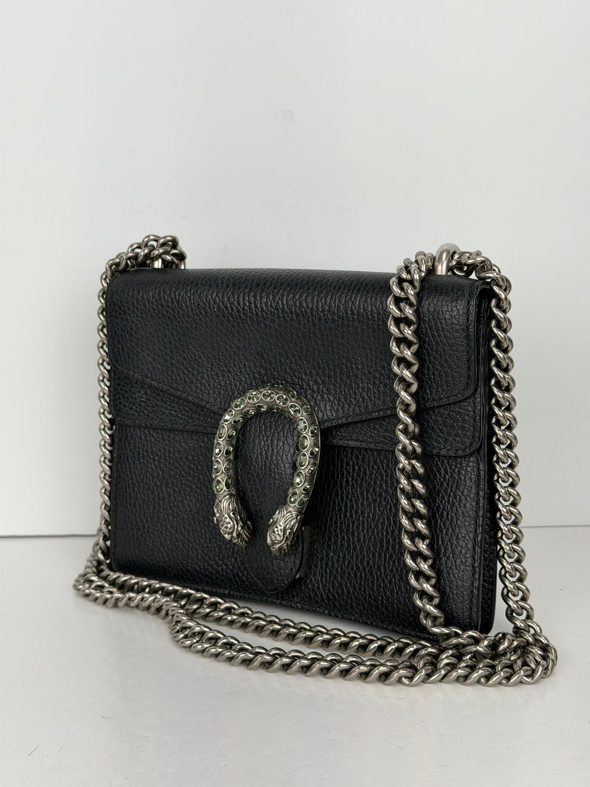 Gucci Dionysus Super Mini Bag in Black Leather with Crystal Buckle Detail YS23