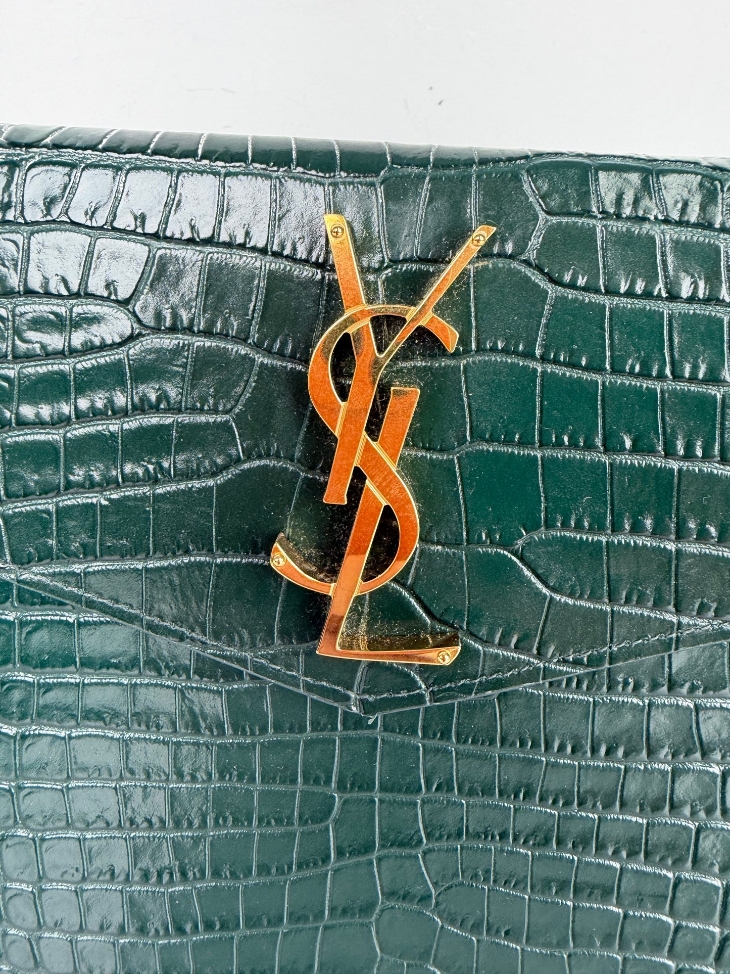 Saint Laurent Uptown Clutch Bag in Dark Green Croc-Embossed Leather YS-10
