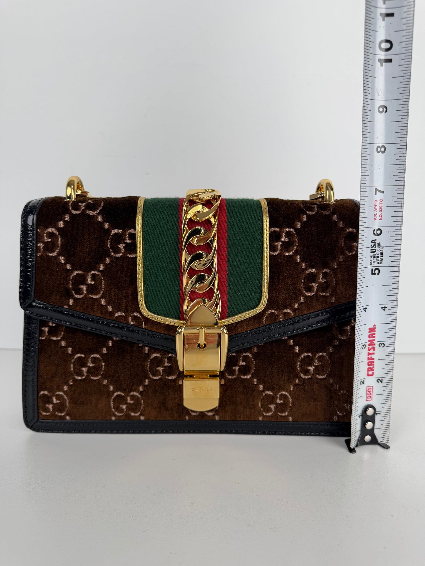 Gucci Sylvie Small Crossbody Bag in Brown GG Velvet with Web S-07