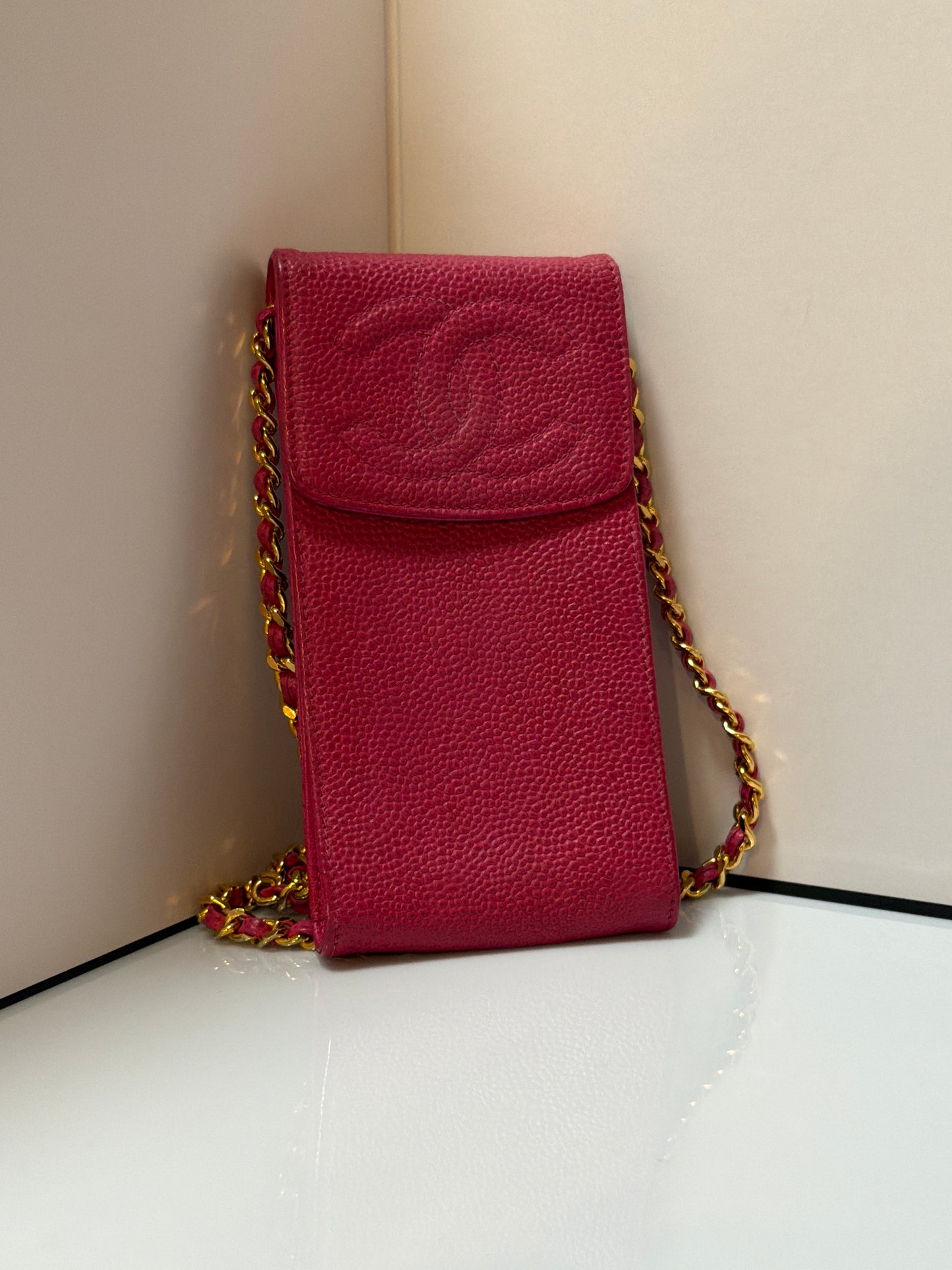 Chanel Vintage CC Phone Holder Crossbody Bag Red Caviar Leather