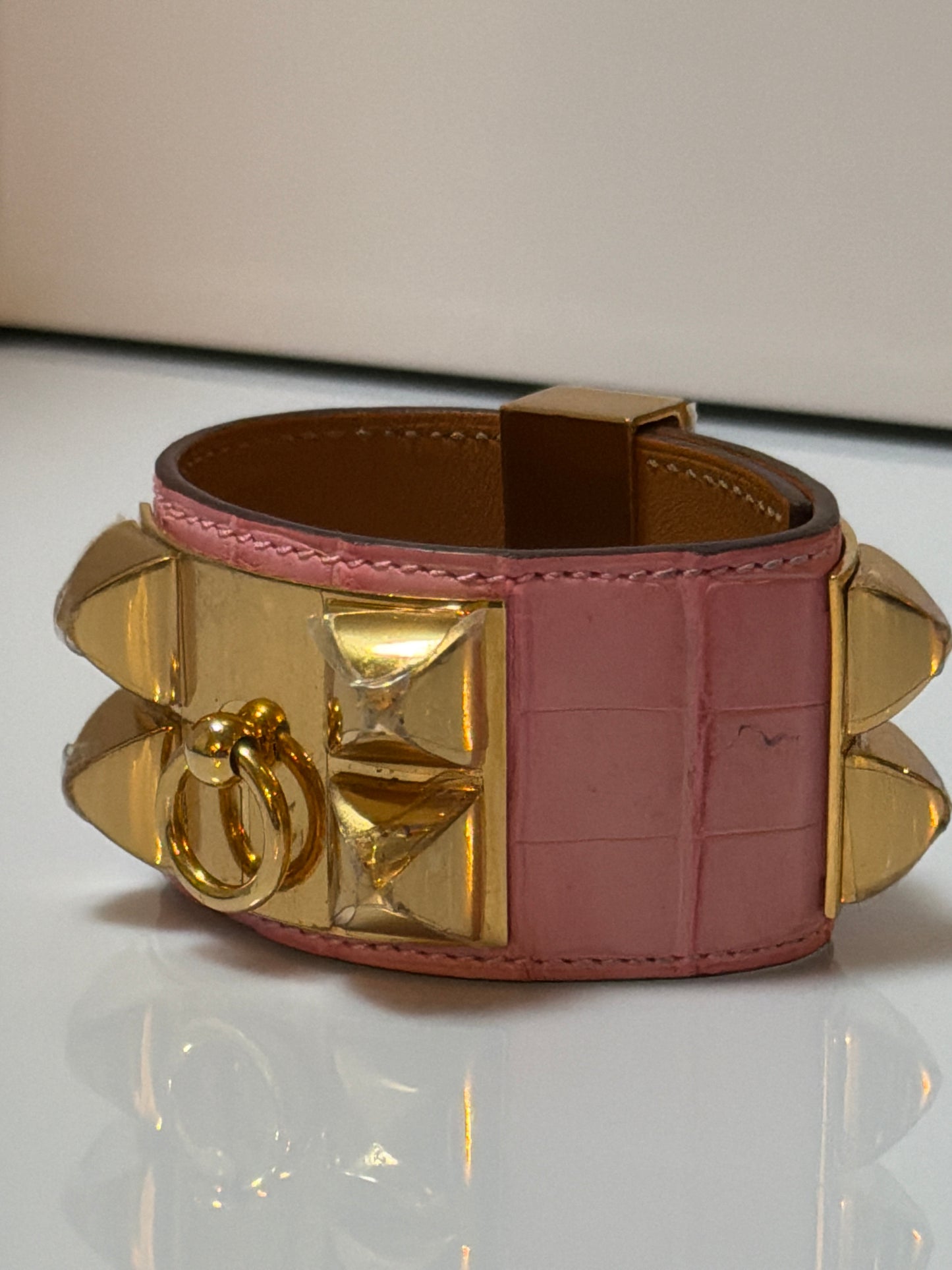Hermes Alligator Collier De Chien Cuff Wrap Bracelet Pink